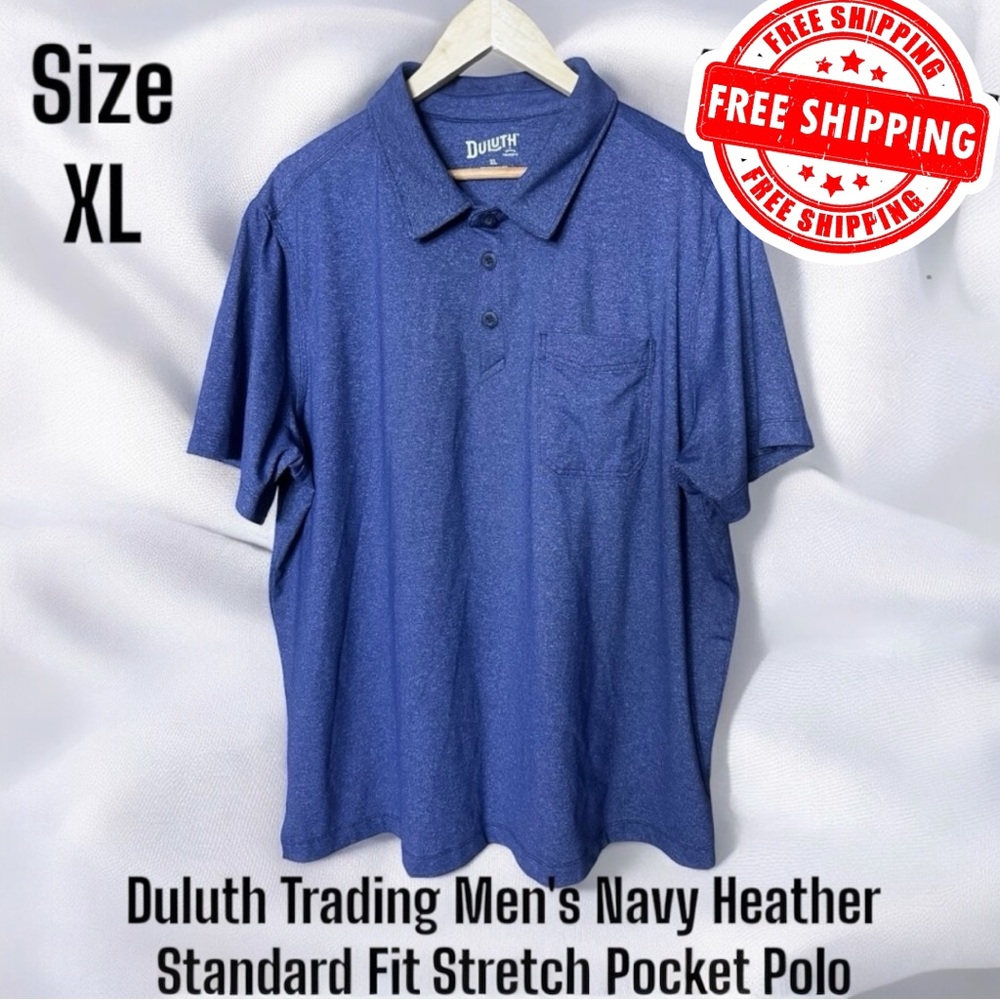 Duluth Trading Men's XL Navy Heather Standard Fit Stretch Pocket Polo FREE SHIP
